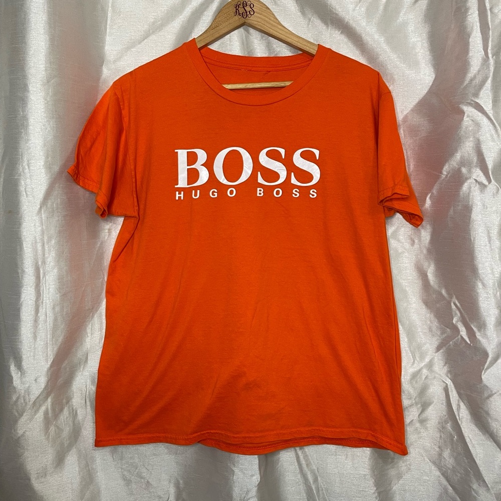 Hugo Boss y2k Designer Bright Neon Orange White Short Sleeve Logo T-Shirt Top